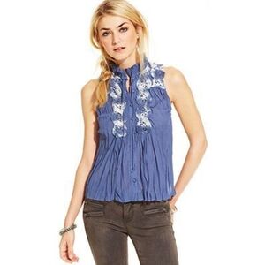 Free People Tie Dye Crochet Button Down Sleeveless Blouse Denim Blue Sz:Small